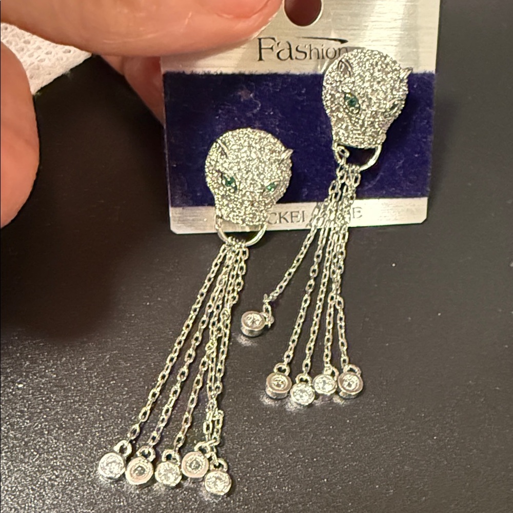 Silver-Tone Crystal Panther Drop Earrings with Green Eyes